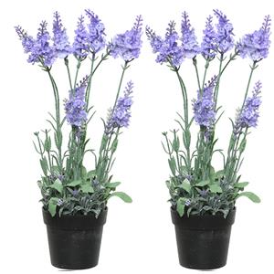 Everlands 2x stuks lavendel kunstplant in pot - lila paars - D18 x H38 cm -