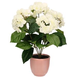 Merkloos Hortensia kunstplant/kunstbloemen cm - wit - in pot lichtroze glans -