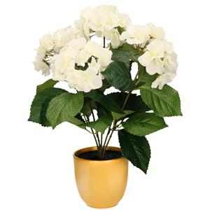 Merkloos Hortensia kunstplant/kunstbloemen cm - wit - in pot okergeel glans -