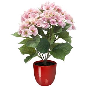 Merkloos Hortensia kunstplant/kunstbloemen cm - roze - in pot rood glans -