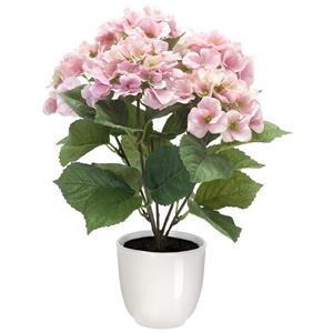 Merkloos Hortensia kunstplant/kunstbloemen cm - roze - in pot wit glans -