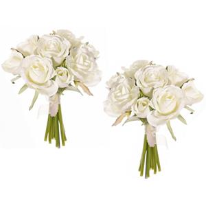 TopArt Boeketje kunstbloemen - 2x - rozen - wit - 20 cm -