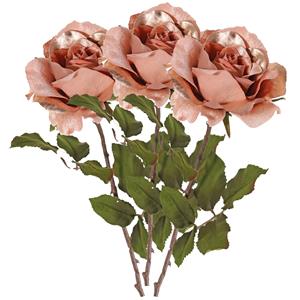 TopArt Kunstbloem roos Glamour - 3x - zalm met goudkleur - 61 cm - satijn - kunststof steel - decoratie blo -