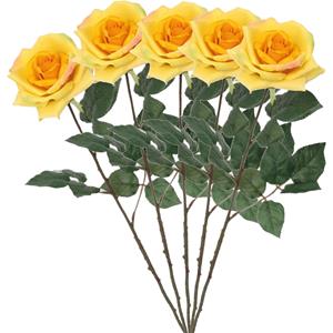 Mica Decorations Kunstbloem roos Emily - 5x - geel - 66 cm - kunststof steel - decoratie bloemen -