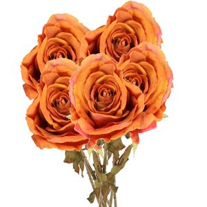 TopArt Kunstbloem roos Calista - 5x - oranje - 66 cm - kunststof steel - decoratie bloemen -