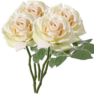 TopArt Kunstbloem Roos de luxe - 5x - creme wit - 30 cm - kunststof steel - decoratie bloemen -