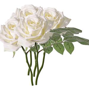 TopArt Kunstbloem Roos de luxe - 5x - wit - 30 cm - kunststof steel - decoratie bloemen -