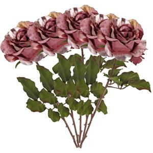 TopArt Kunstbloem roos Glamour - 5x - donker roze - satijn - 61 cm - kunststof steel - decoratie bloemen -