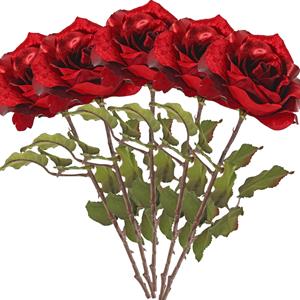 TopArt Kunstbloem roos Glamour - 5x - rood satijn - 61 cm - kunststof steel - decoratie bloemen -