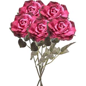 Emerald Kunstbloem roos Pascal - 5x - fuchsia - 65 cm - decoratie bloemen -