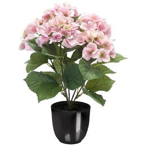 Merkloos Hortensia kunstplant/kunstbloemen cm - roze - in pot zwart glans -
