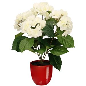 Merkloos Hortensia kunstplant/kunstbloemen cm - wit - in pot rood glans -