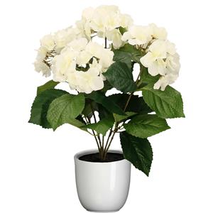 Merkloos Hortensia kunstplant/kunstbloemen cm - wit - in pot wit glans -