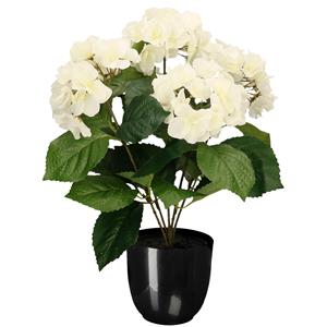 Merkloos Hortensia kunstplant/kunstbloemen cm - wit - in pot zwart glans -