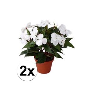 Bellatio flowers & plants 2x stuks Kunstplanten wit Vlijtig Liesje in pot van 25 cm -