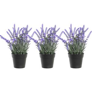 Items Lavendel bloemen kunstplant in bloempot - 3x - paarse bloemen - 15 x 27 cm -