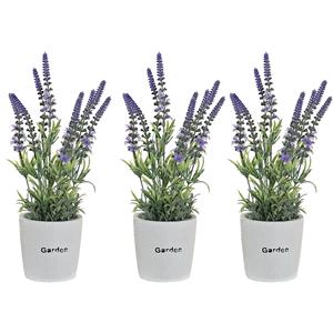 Items Lavendel bloemen kunstplant in bloempot - 3x - paarse bloemen - 10 x cm -