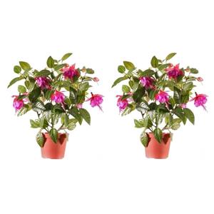 Bellatio flowers & plants 2x Fuchsia kunstplanten donkerroze bloemen in pot 30 cm -