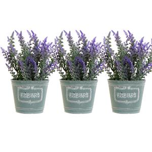 Items Lavendel bloemen kunstplant in bloempot - 3x - paarse bloemen - 14 x 27 cm -