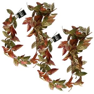 Bellatio Design kunstplant/hangplant slinger - 2x - Lychee blad - herfst kleuren - 180 cm -