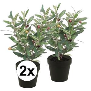 Bellatio flowers & plants Kunstplant olijfboompje - 2x - groen - in zwarte pot - 35 cm -