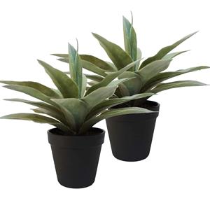 Merkloos Kunstplanten Agave - 2x - grijs/groen - in zwarte pot - 19 cm -