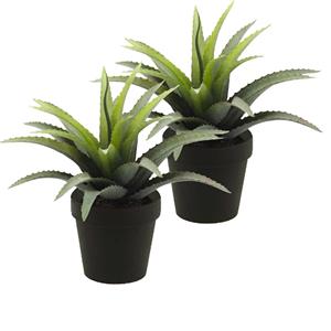 Merkloos Kunstplant Agave Bush - 2x - groen met stekels - in zwarte pot - 18 cm -
