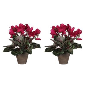 Mica Decorations 2x stuks cyclaam kunstplanten donker roze in keramieken pot H30 x D30 cm -