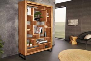 Invicta Interior Massief houten boekenkast CUBUS 190 cm acaciahoningafwerking metalen poten zwarte staande plank - 43742
