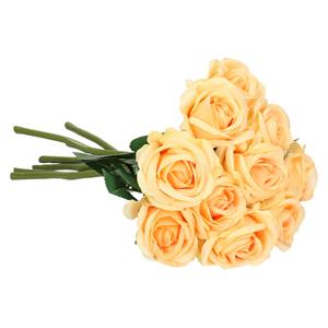 TopArt Kunstbloemen boeket roos Nina - 10x - perzik kleur - 27 cm - kunststof steel - decoratie bloemen -