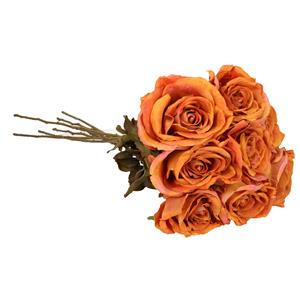 TopArt Kunstbloemen boeket roos Calista - 8x - oranje - 66 cm - kunststof steel - decoratie bloemen -