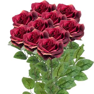 Emerald Kunstbloemen boeket roos Marleen - 10x - wijn rood - 63 cm - decoratie bloemen -