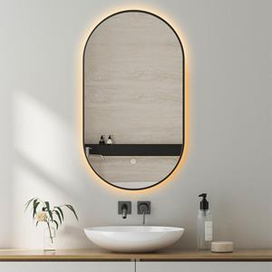 BES LED Badkamerspiegel met LED Verlichting en Verwarming 50x100cm - Afimera Ellips - Zwart - Wandspiegel Ovaal - Touch Bediening - Dimbaar - Aanpasbare Lichtkleur