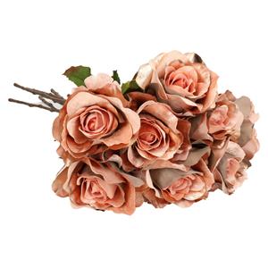 TopArt Kunstbloemen boeket roos Glamour - 8x - zalm met goudkleur - 61 cm - satijn - decoratie bloemen -