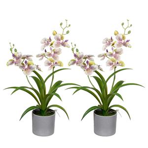 Louis Maes Orchidee bloemen kunstplant in bloempot - 2x - creme/lila bloemen - H38 cm -