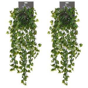 Louis Maes kunstplant met blaadjes hangplant Klimop/hedera - 2x - groen/wit - 80 cm -