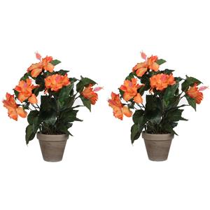 Mica Decorations Kunstplant Hibiscus - 2x stuks - oranje - H40 x D30 cm - grijze pot - nepplant -