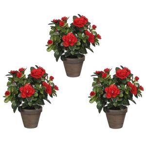 Mica Decorations Kunstplant - 3x - Azalea - groen/rood - 27 cm - Met mooie bloemen -