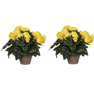 Mica Decorations Mica Decoration Kunstplant - 2x - begonia - geel - in pot - 30 cm - nepplanten -
