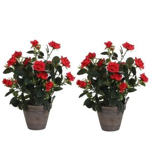 Mica Decorations Kunstplant - 2x - rozen - rood - in grijze pot - 33 cm -