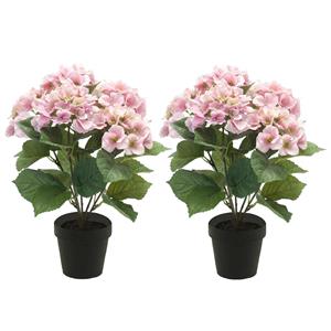 Emerald Hortensia kunstplant in kunststof pot - 2x - roze - cm - Hydrangea Macrophylla -