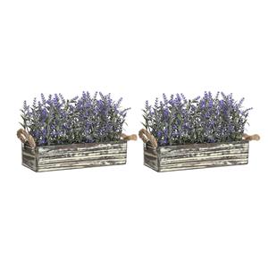 Items Lavendel bloemen kunstplant in houten bloempot - 2x - donkerpaarse bloemen - 30 x 12 x 21 cm -