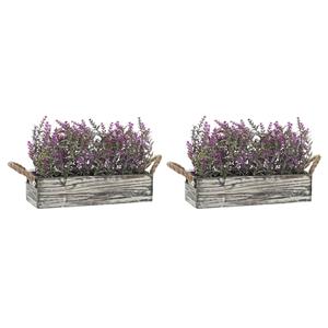 Items Lavendel bloemen kunstplant in houten bloempot - 2x - lila paarse bloemen - 30 x 12 x 21 cm -