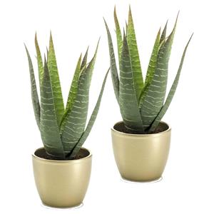 Merkloos Kunstplant Aloe Vera - 2x - groen - in gouden pot - 23 cm -