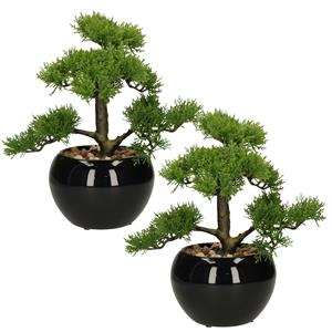 Atmosphera bonsai boompje in keramische pot - Set van 2x stuks - cm - pvc - groen - kunstplant -