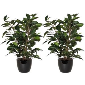 Mica Decorations 2x stuks groene ficus kunstplant cm met plantenpot zwart D13.5 en H12.5 cm -
