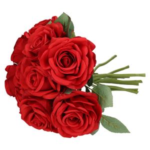 TopArt Kunstbloemen boeket Roos de luxe - rood - 30 cm - kunststof steel - decoratie bloemen -
