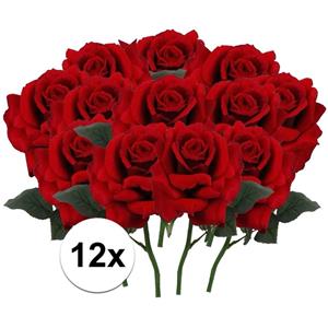 Bellatio flowers & plants Kunstbloem Roos de luxe - 12x - rood - 30 cm - kunststof steel - decoratie bloemen -