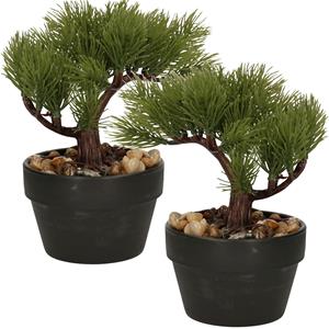 H&S Collection Kunstplant bonsai boompje in pot - 2x - Japans decoratie - 19 cm - Type Needle -