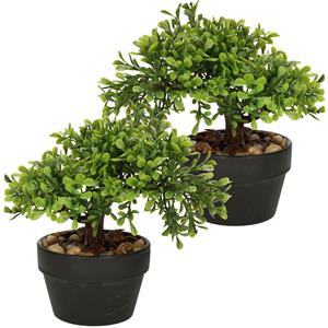 H&S Collection Kunstplant bonsai boompje in pot - 2x - Japans decoratie - 19 cm - Type Olive -